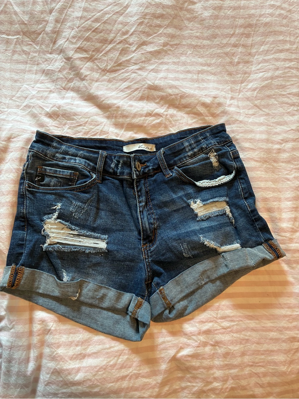 KanCan Dark Blue Distressed Roll-Cuff Jean Shorts
